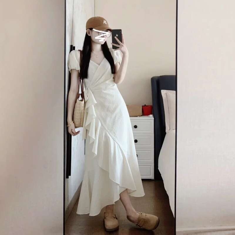 French Style White High-End Elegant For Women Summer New Small Irregular Design Long Dress B5