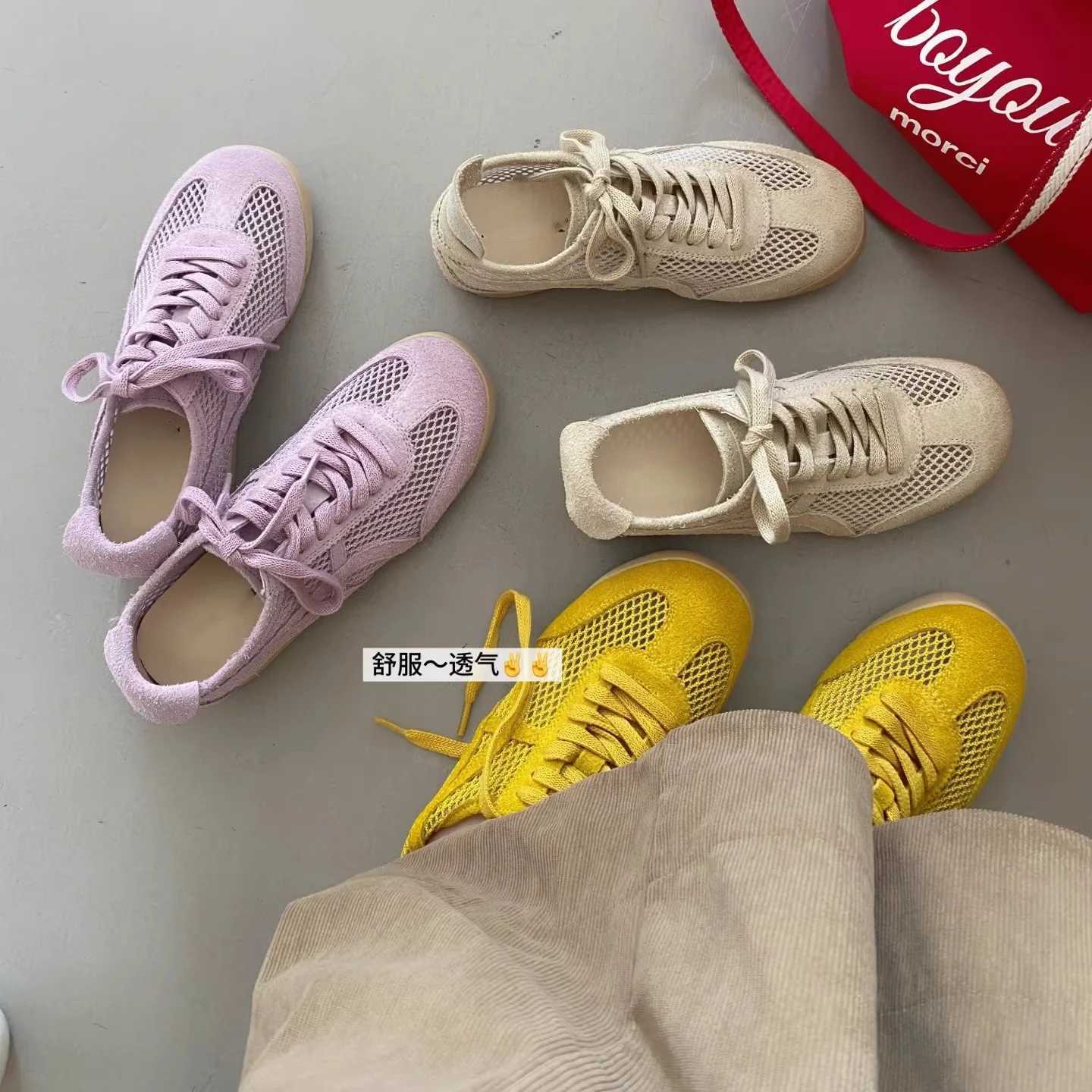 Womens Sneakers New Training Shoes Woman Breathable Net Lace Up Sport Running Shoe Hollow Out Flat Shoes XJ250712