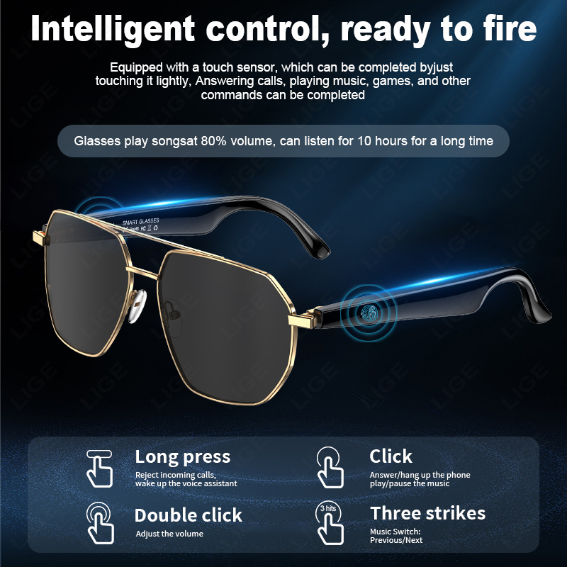 LIGE Smart glasses, ear-opening sound microphone and speaker, magnetic charging, color-changing polarized sunglasses lenses AI Smart Translation Glass