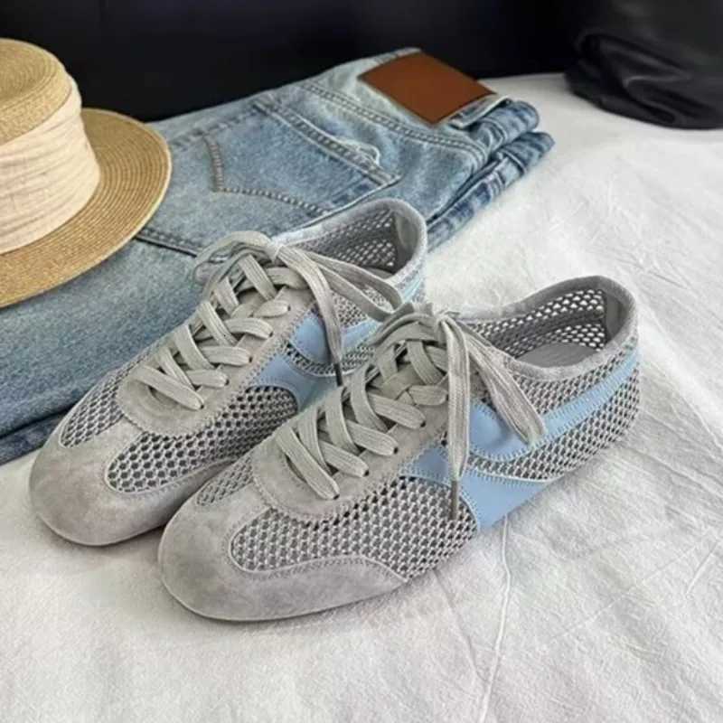 Summer New Mesh Breathable Flat Shoes Womens Round Toe Deep Mouth Front Lace-up Soft Slip Anti-Slip Athletic Casual Shoes XJ250712