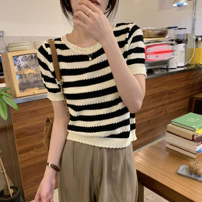 Korean Style Black And White Striped Hollow Design Elegant Versatile Short Sleeve Knitted For Women Summer High-End Feel Women's Top B5