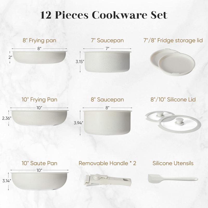12-Piece Nonstick Pots and Pans Set -Kitchen Cookware with Removable Handles - Ideal for Home Cooking, Cream White