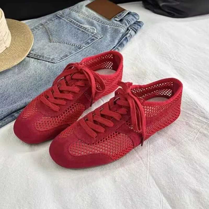 Summer New Mesh Breathable Flat Shoes Womens Round Toe Deep Mouth Front Lace-up Soft Slip Anti-Slip Athletic Casual Shoes XJ250712