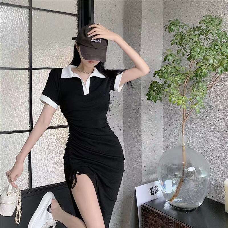 French Style Polo Collar Patchwork Color Block Slit New Slim Fit Drawstring Design One-Step Dress B5
