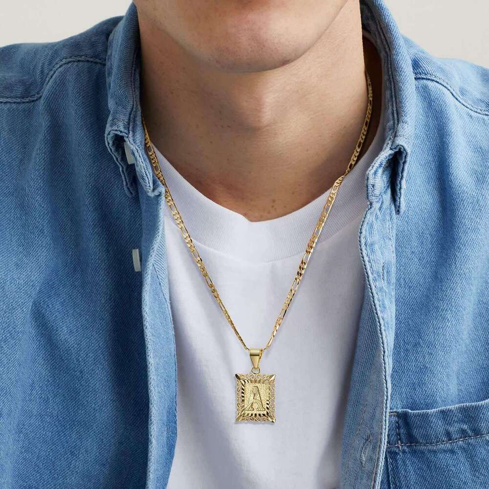 Initial Letter Pendant Necklace for Men Women 14K Gold Plated Square Capital Monogram Necklace Alphabets From A-Z Figaro Chain Punk Jewelry