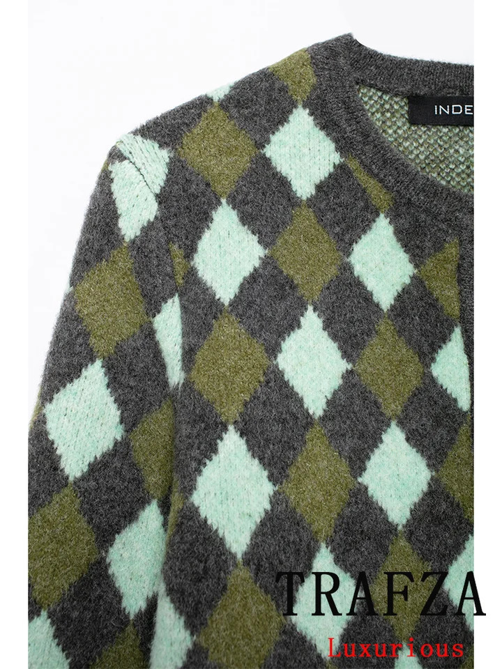 TRAFZA Vintage Casual Chic Women Sweater Argyle O-Neck Long Sleeve Pockets Knitted Cardigans Fashion Autumn Winter Sweaters 250710