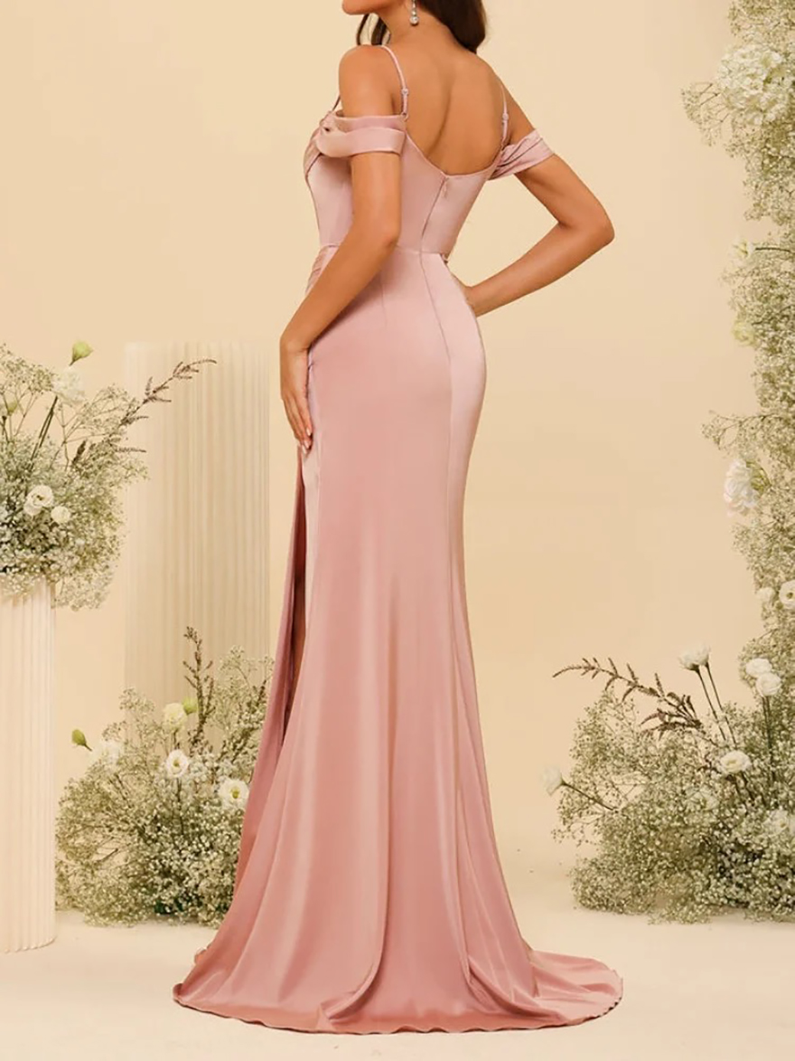 Satin Spaghetti Straps Mermaid Bridesmaid Dresses Off the Shoulder High Slit Evening Dress Backless Long Wedding Party Gowns Free shi