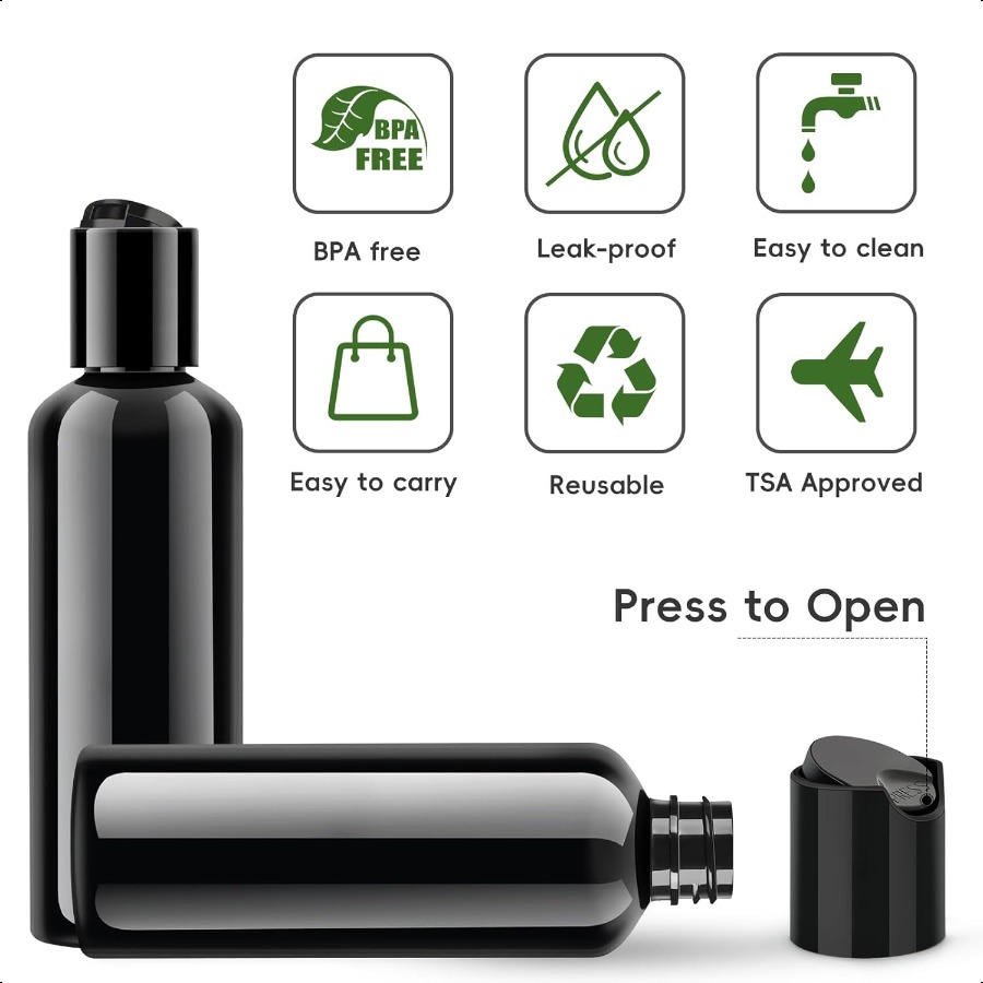 10 Pack 3.4 oz Black Travel Bottles for Toiletries TSA Approved Leakproof Travel Size Containers Empty Small Plastic Shampoo