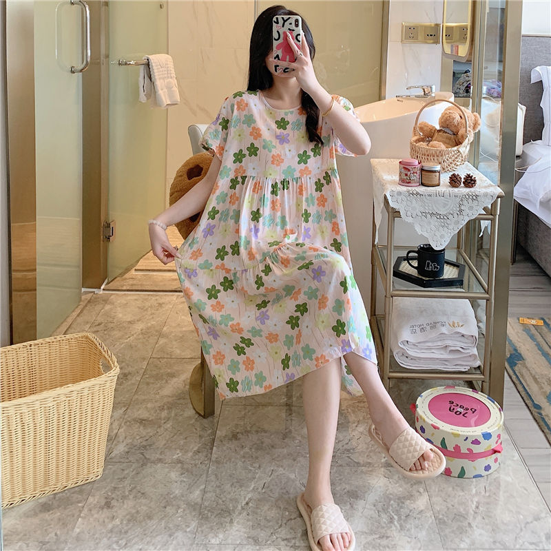 B967-Spring and autumn casual short-sleeved large-size printed pajamas summer thin high-end touching cotton home clothes
