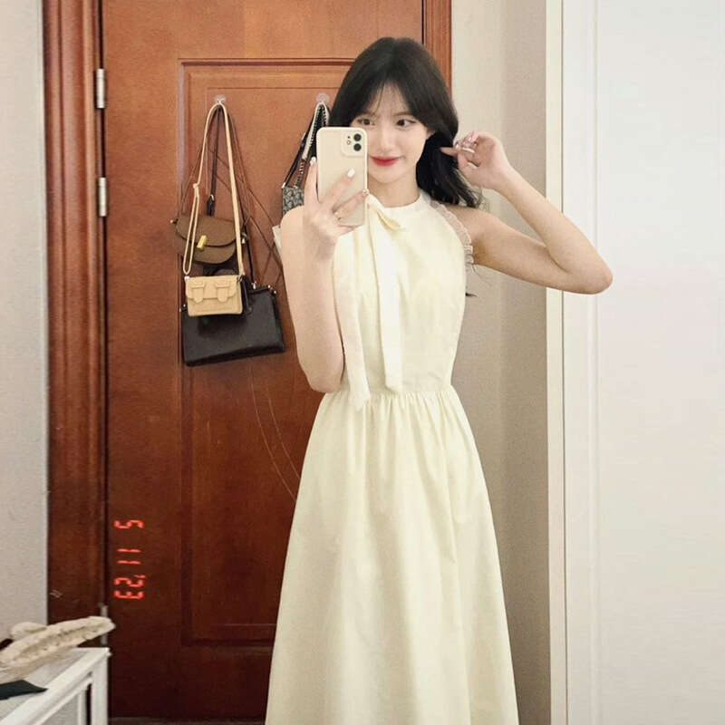 French Romantic Halter Summer First Love Sleeveless Beach A-Line Waist-Cinching Long Dress For Women B5