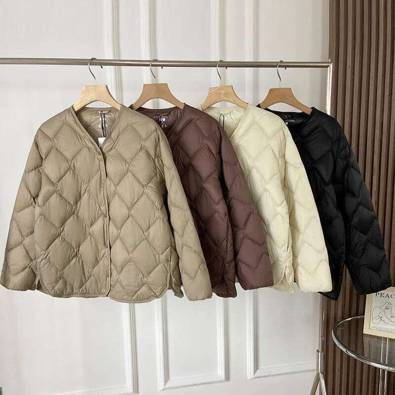 Janveny 2025 New Autumn Winter Ultra Light Collarless Soft Puffer Jacket Women Casual Loose Single Breasted 90% Duck Down Coat