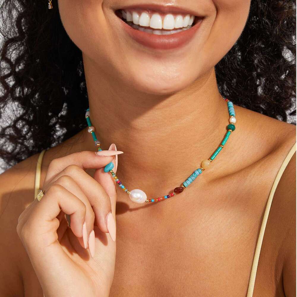 Bohemian Bead Necklace Women Rainbow Pearl 14k Gold Plated Necklace Wedding Jewelry