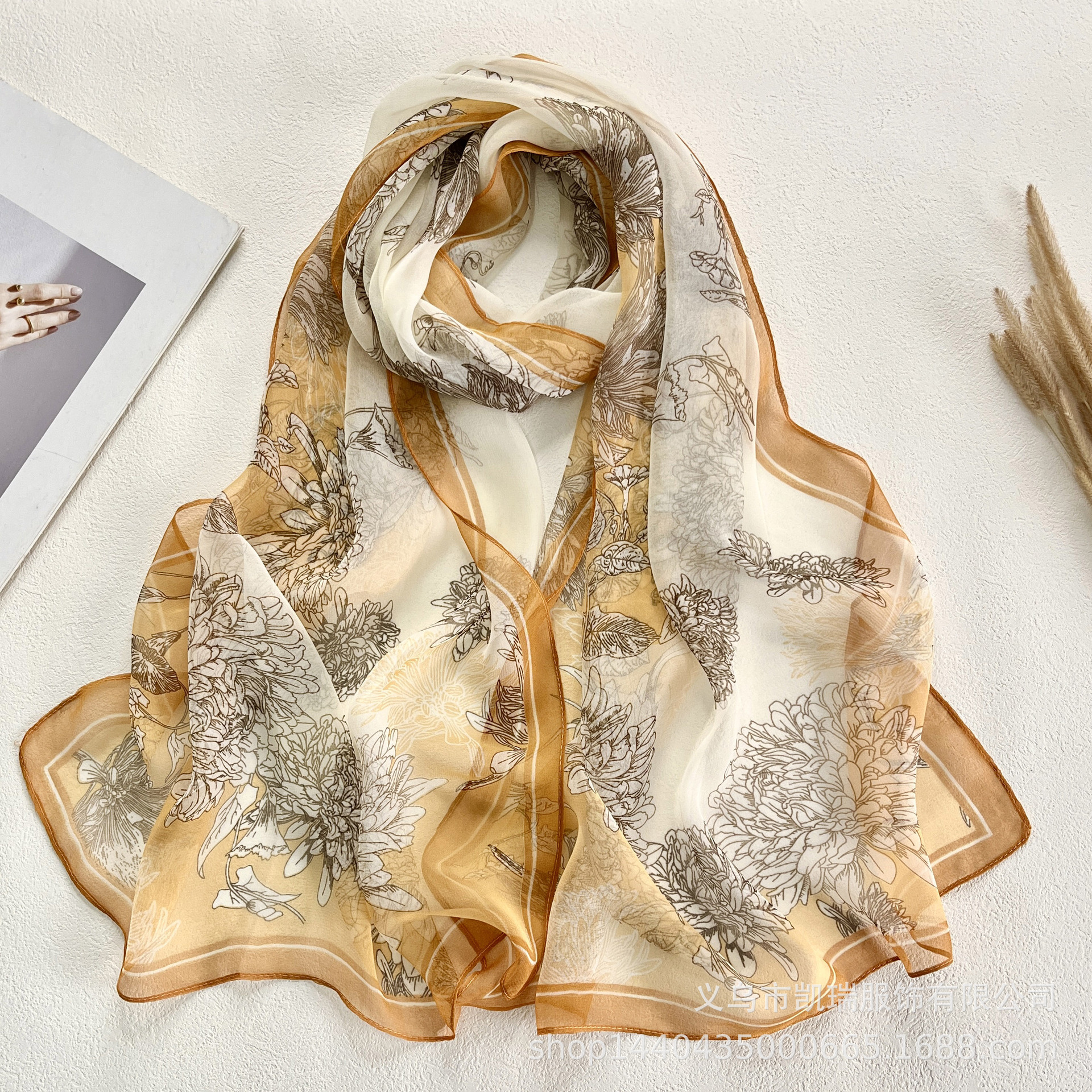 K1326 New versatile silk scarf thin autumn chrysanthemum long strip women's spring and autumn printed imitation silk fashion georgette scarf whol