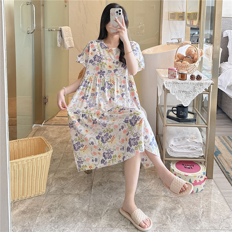 B967-Spring and autumn casual short-sleeved large-size printed pajamas summer thin high-end touching cotton home clothes