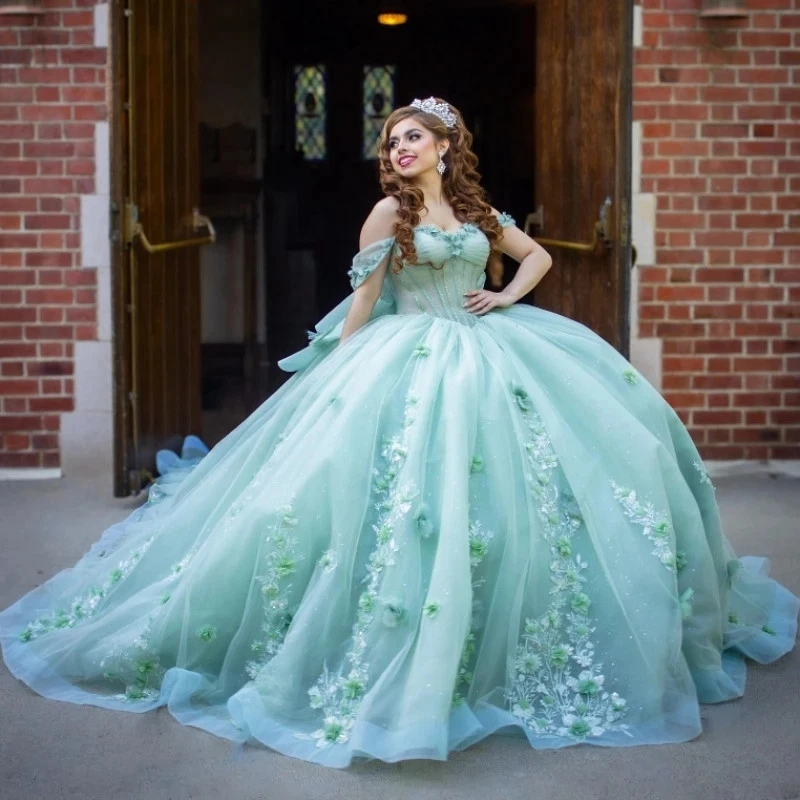 Mint Green Princess Quinceanera Dresses 3D Floral Appliques Bow Back Beaded Ball Gowns Sweet 15 16 Dress Prom Party Boutique Special Occasion Wear