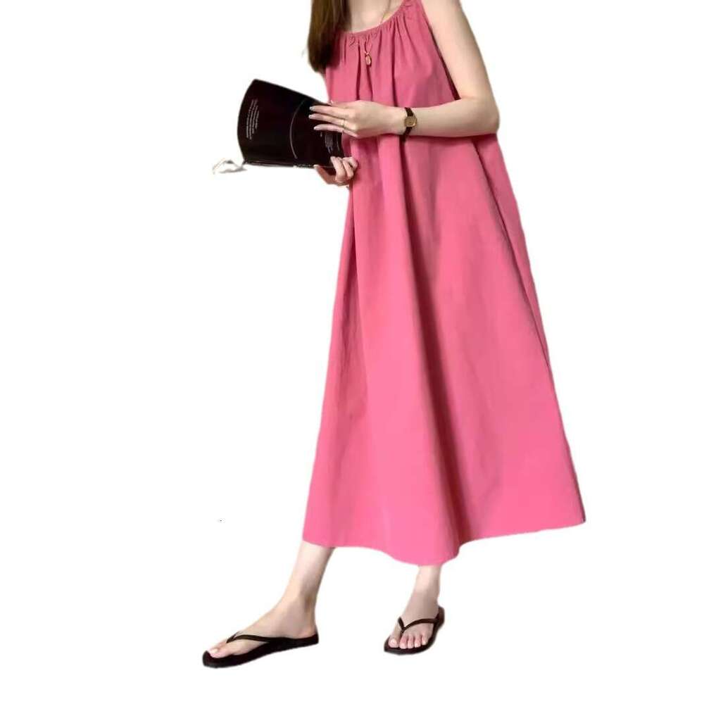 Beach Vacation French Style Sleeveless Strap Summer Women's Fashion New Pink Slimming Elegant Long Dress B5