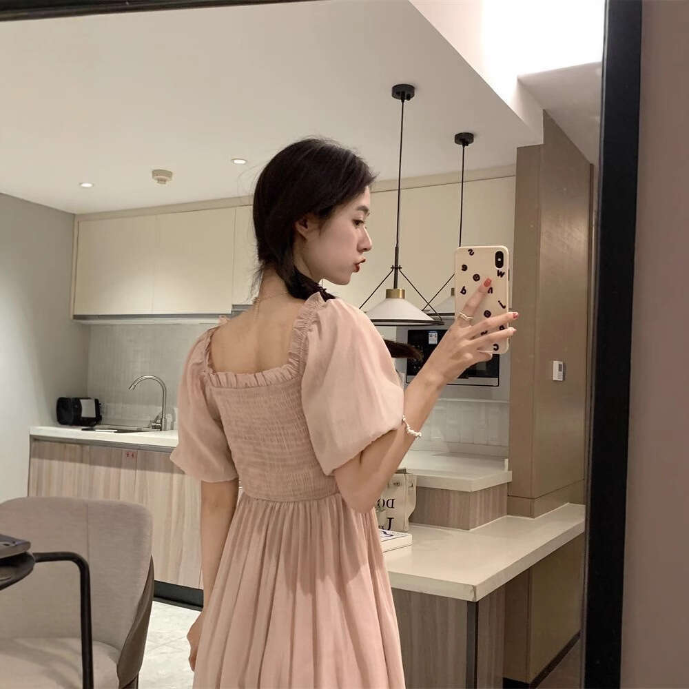 Summer New French Sweet Square Neck Puff Sleeve For Petite Women Slim Waist Fairy Long Dress B5