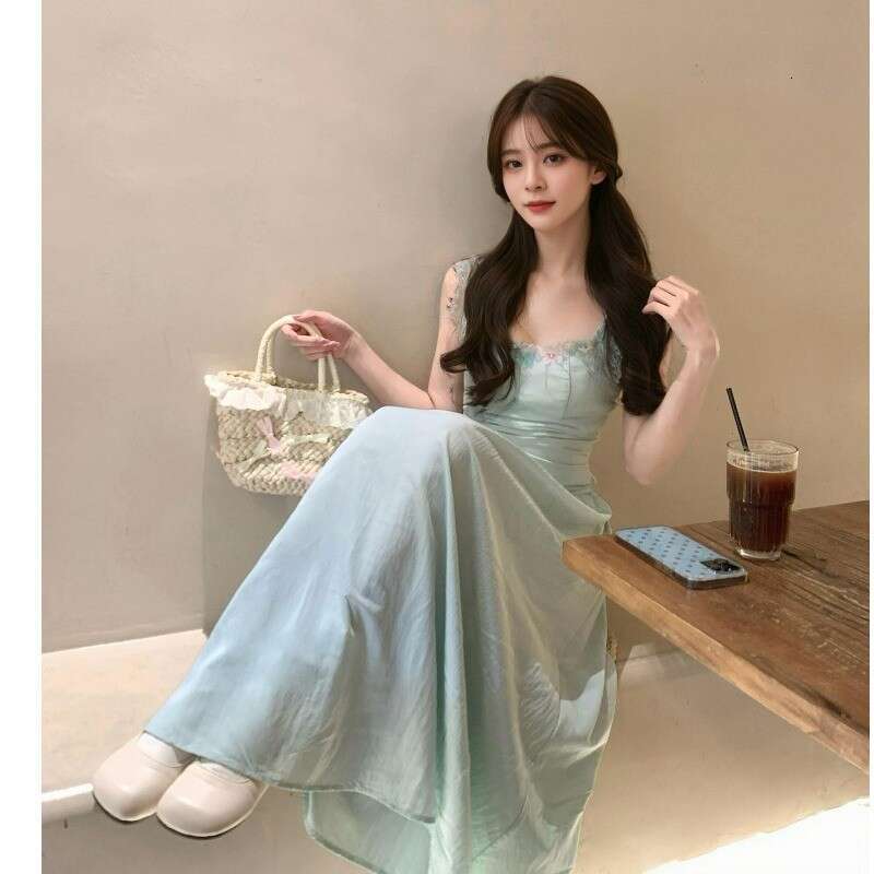 French Mint Green Backless Strap For Women Summer High-End Elegant Beach Vacation Style Long Dress B5