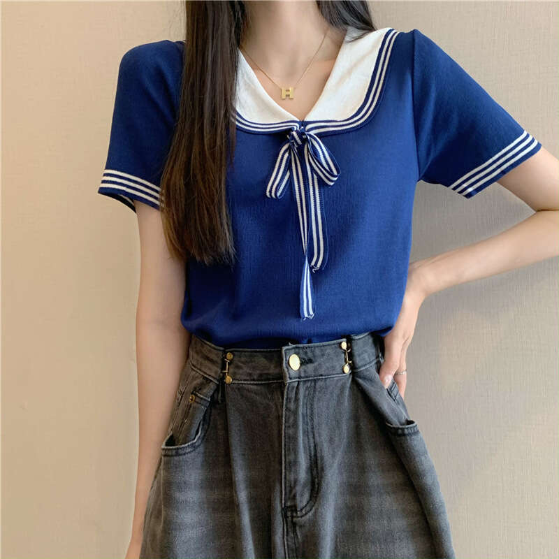 College Style Doll Collar Lace-Up Knitted Short-Sleeved T-Shirt For Women Summer Design Sense Niche Chic Loose All-Match Top B5