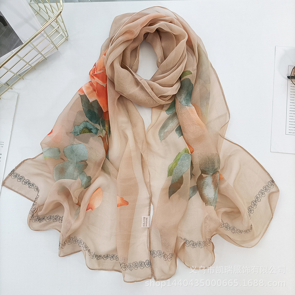 K1323 Women's thin silk scarf Qiaoqi imitation silk versatile neck decoration Korean sunscreen mother style rose spring and autumn scarf
