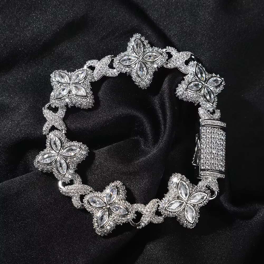 Iced Out Clover Jewelry Hip Hop Colorful Infinity Link Cuban Chain Bracelet Cubic Moissaniteia Diamond Clover Bracelet for Men Women