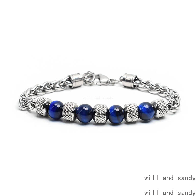 Natural Stone Beaded Strand Bracelets Charm Stainless Steel Chain Designer Jewelry Bracelet Wristband for Men Women Hip Hop Fashion Jewelry Father Bir