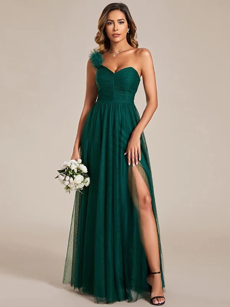 Elegant Evening Dresses Backless One Shoulder Pleated Split Tulle Floor-Length 2025 Ever Pretty of Mint Green Bridesmaid Dresses