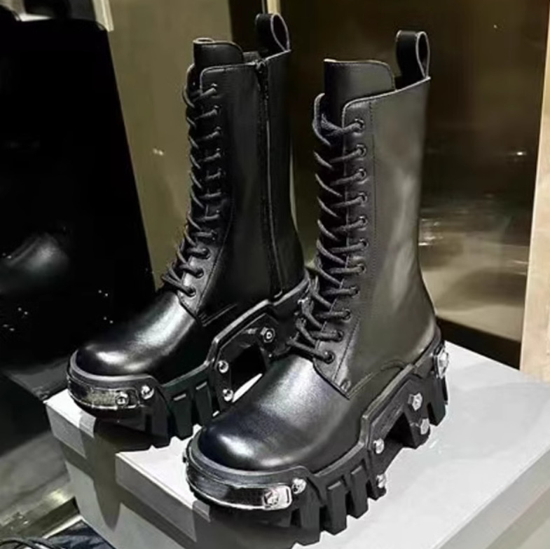 Luxury Designer Chunky High Heel Platform Ankle Boots Men Increasing All Match Caual Punk Style Motorcycle Boots Male Large Size