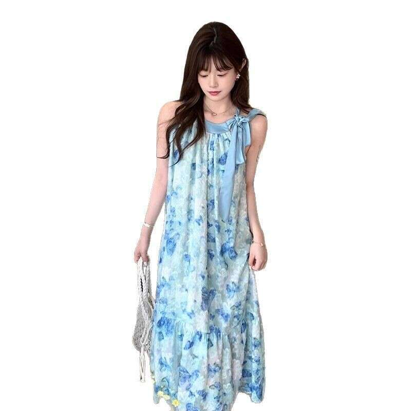Sleeveless Blue Butterfly Beach Seaside Vacation Style Petite Mid-Length Thin Strap Floral Dress For Women B5