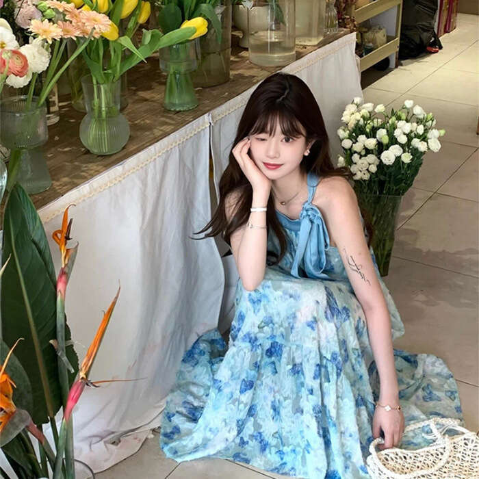 Sleeveless Blue Butterfly Beach Seaside Vacation Style Petite Mid-Length Thin Strap Floral Dress For Women B5