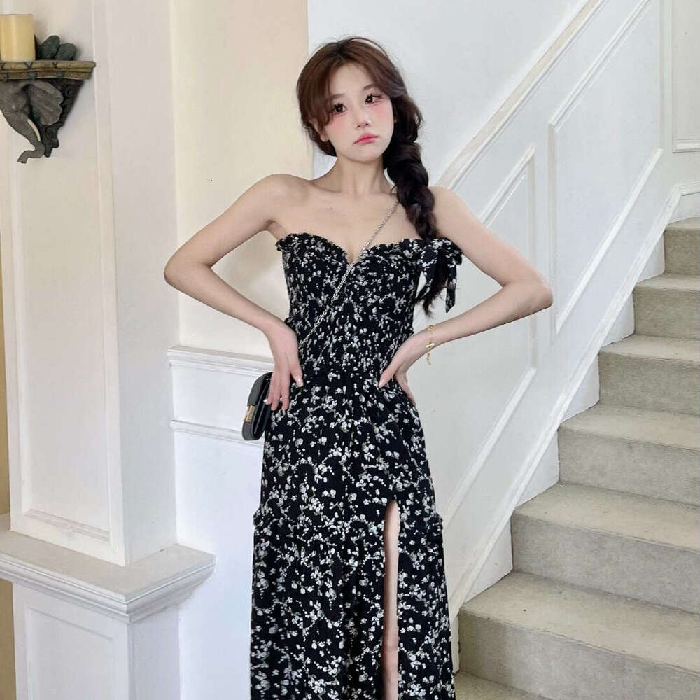 Black Sweet And Spicy Floral For Women Summer New French Style Tea Break Strapless Slit Long Dress B5