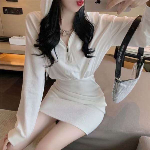 Autumn Winter New Mature Style Waist Slimming Petite Dress Women Long Sleeve Hooded Base Sweatshirt B5
