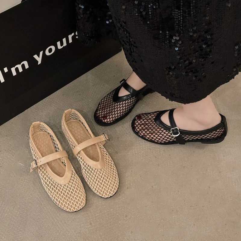 Fishnet Ballet Flats Woman Chic Brand Design Hollow Out Lace Mary Jane Shoes Ladies Summer Sandals Breathable Mesh Shoes XJ250712
