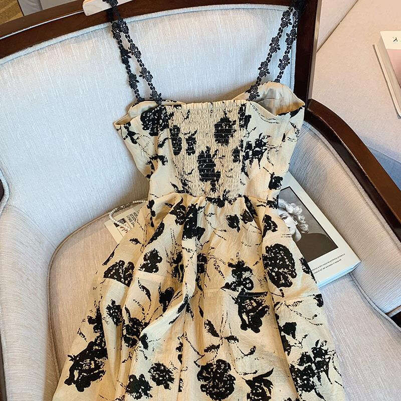 Plus Size Fat MM Hepburn Style Floral For Women Summer High-End Sense Elegant Long French Tea Break Strap Dress B5