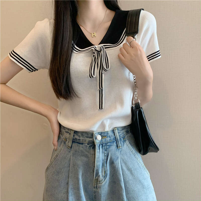 College Style Doll Collar Lace-Up Knitted Short-Sleeved T-Shirt For Women Summer Design Sense Niche Chic Loose All-Match Top B5