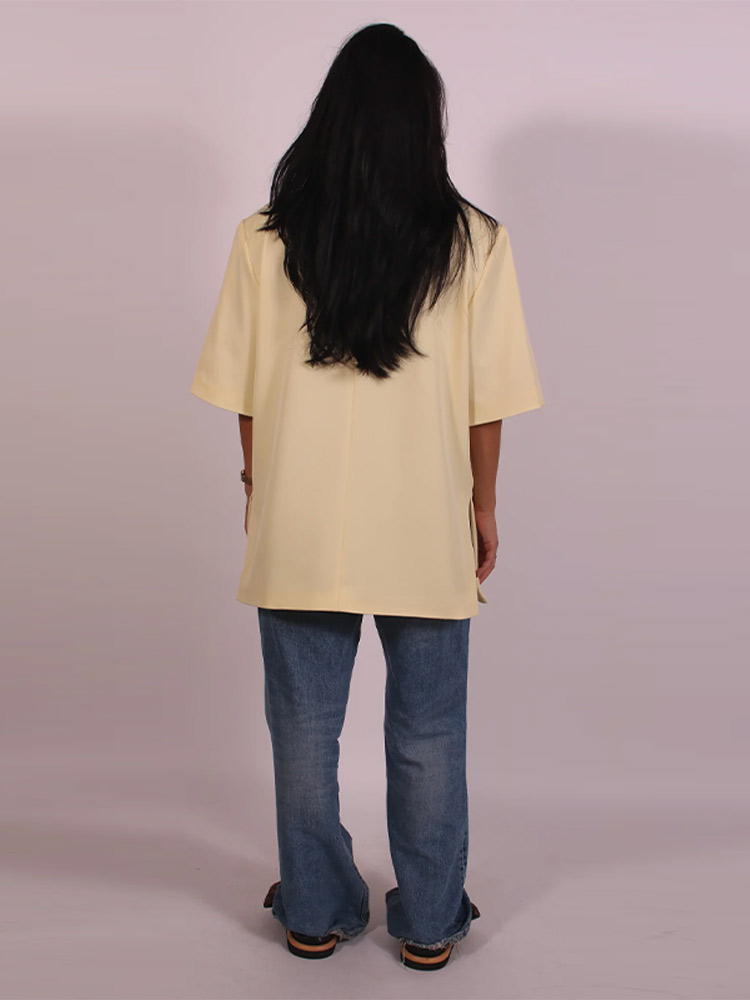 Elegant Yellow Lapel Blazers Coats Women Loose Short Sleeve One Button Side Split Suit Jackets 2025 Summer Lady Office Outwear