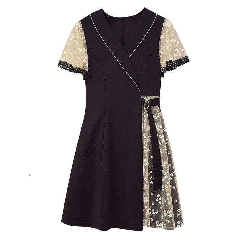 Plus Size Women's Fashion Design Sense Little Black Summer New Style Belly Covering Waist Slimming Age-Reducing Dress B5