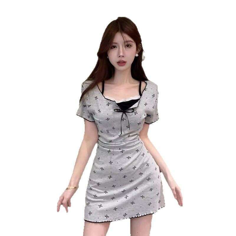 French Style Gray Printed Short Sleeve For Women Summer Petite Waist Slimming Fake Two-Piece Dress B5