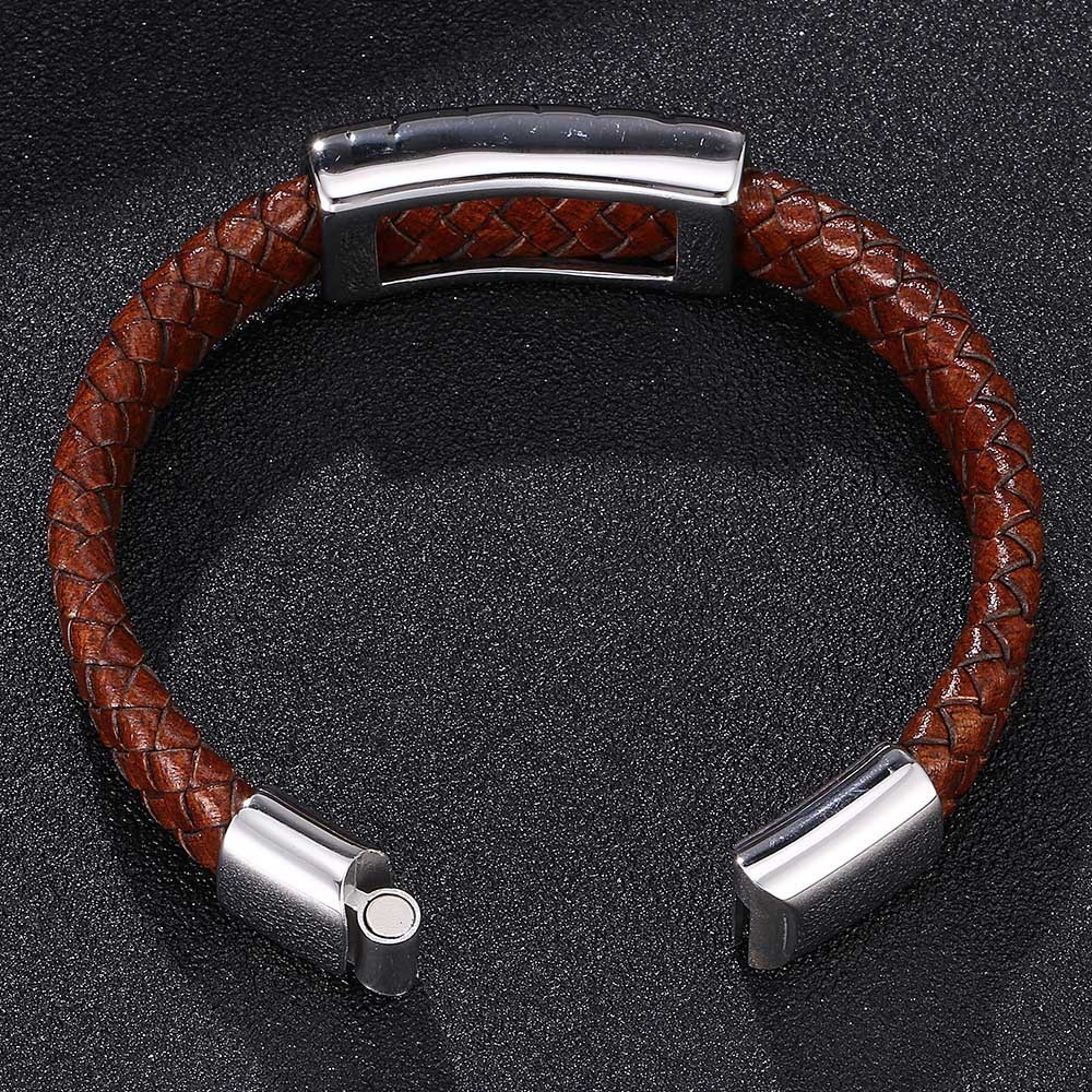 REAMOR New Stainless Steel Inlay Leather Connector Bracelets Mens Brown Genuine Leather Bracelet Mens Gift Jewelry CX200724