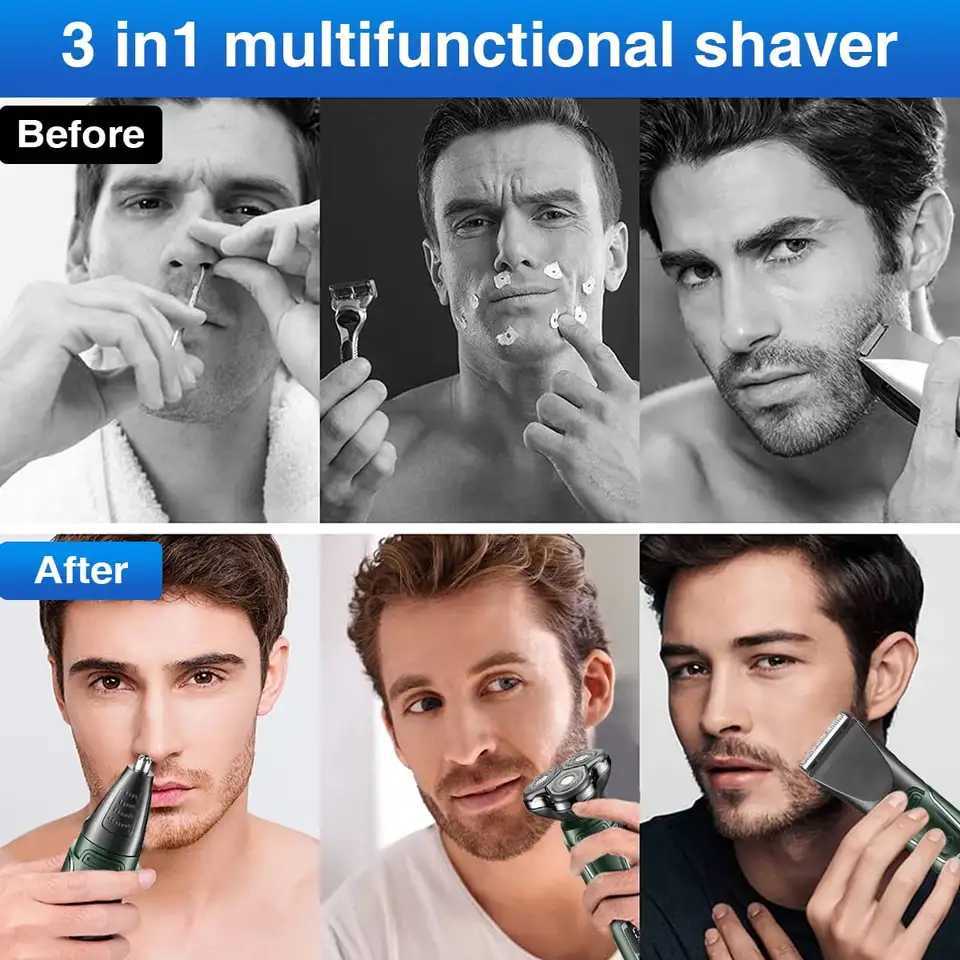 3 IN 1 Electric Razor for Men Rechargeable Electric Shavers with Nose Hair Beard Trimmer Groing Kit Shaving Machine G250712