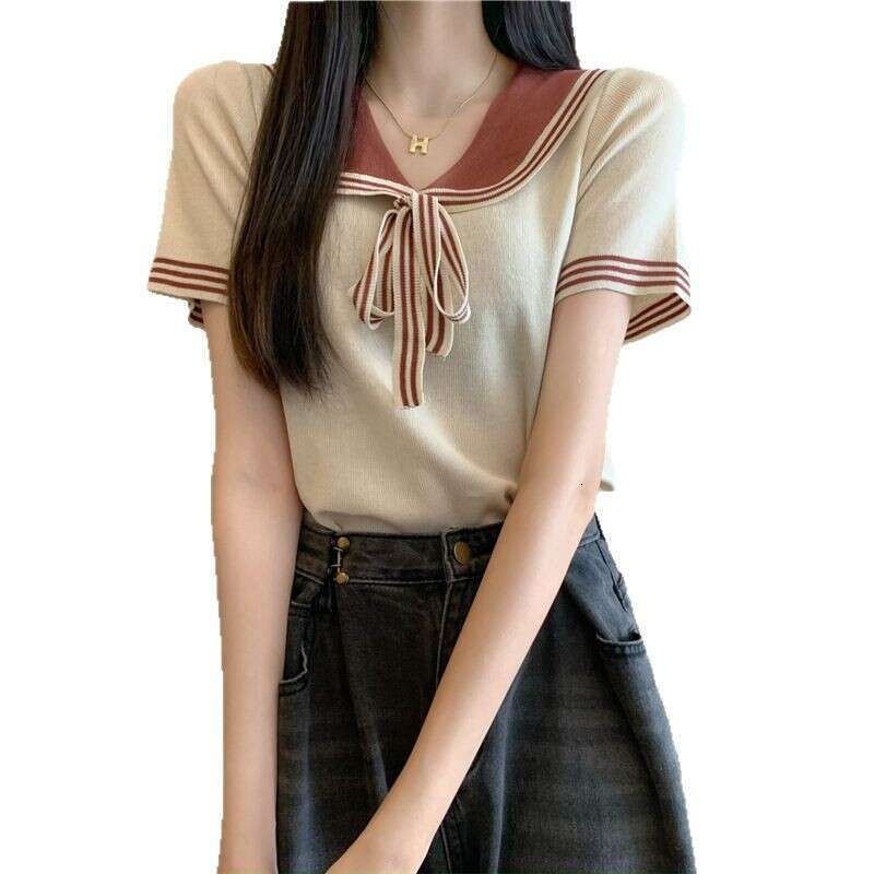 College Style Doll Collar Lace-Up Knitted Short-Sleeved T-Shirt For Women Summer Design Sense Niche Chic Loose All-Match Top B5