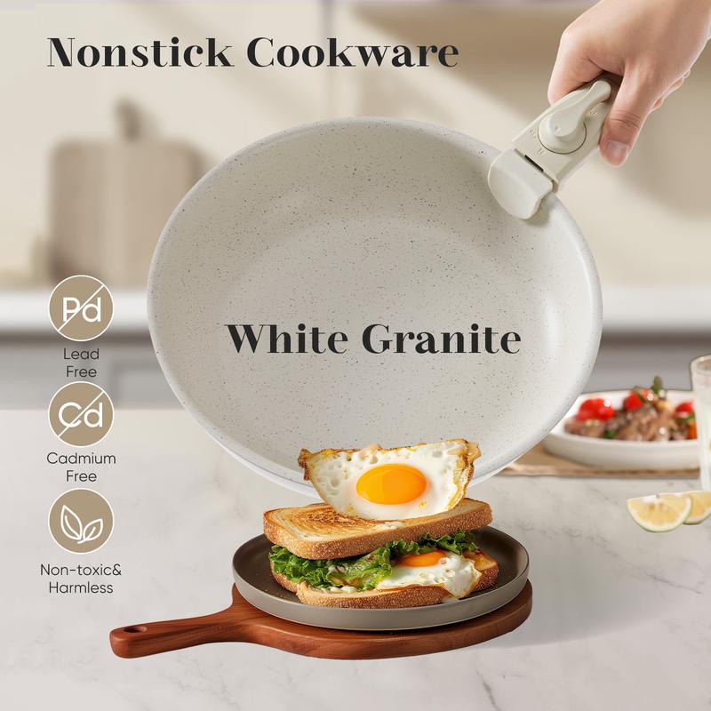 12-Piece Nonstick Pots and Pans Set -Kitchen Cookware with Removable Handles - Ideal for Home Cooking, Cream White