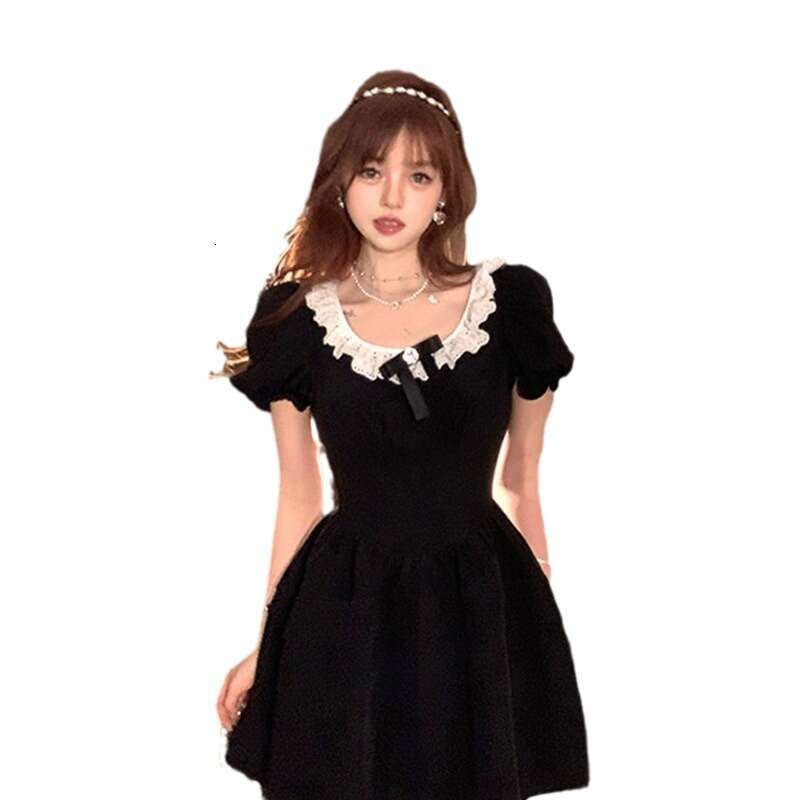 French Style Black Sleeve For Women Summer High-End Elegant Princess Puff Waist-Cinching Petite Short Dress B5