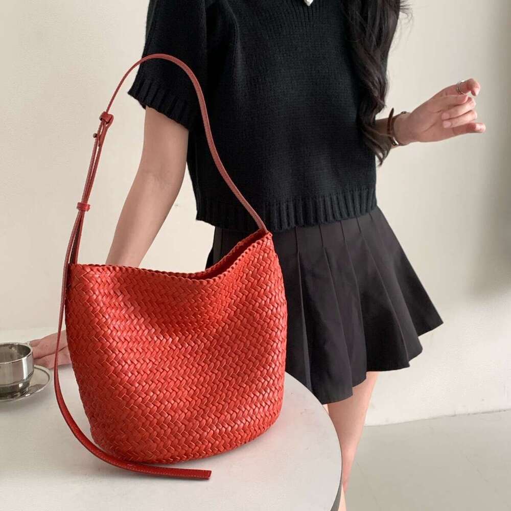 Leather Bag Bucket Bag Tote Bag New Summer Internet Celebrity Genuine Leather Woven French Style Single Shoulder Crossbody Women S Bucket B