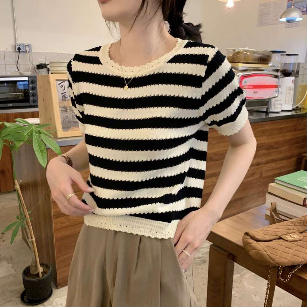 Korean Style Black And White Striped Hollow Design Elegant Versatile Short Sleeve Knitted For Women Summer High-End Feel Women's Top B5