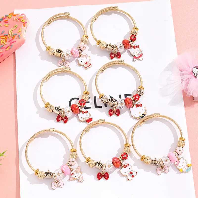 Sanrio Sweet Cartoon Cute Hello Kitty Flower Bowknot Charms Bracelets for Women Girls Sanrio Gold Color Stainless Steel Bangle Jewelry w250716