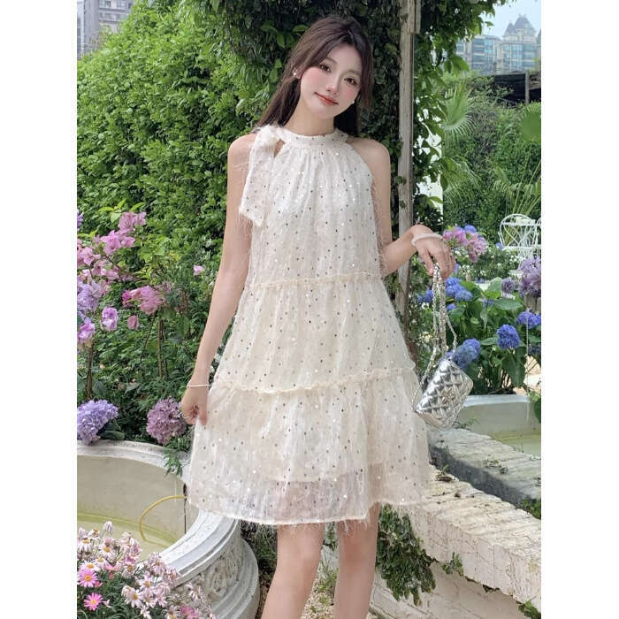 Bow Tie Halter For Women Summer French Style Petite Elegant Sleeveless Princess Doll Midi Dress B5