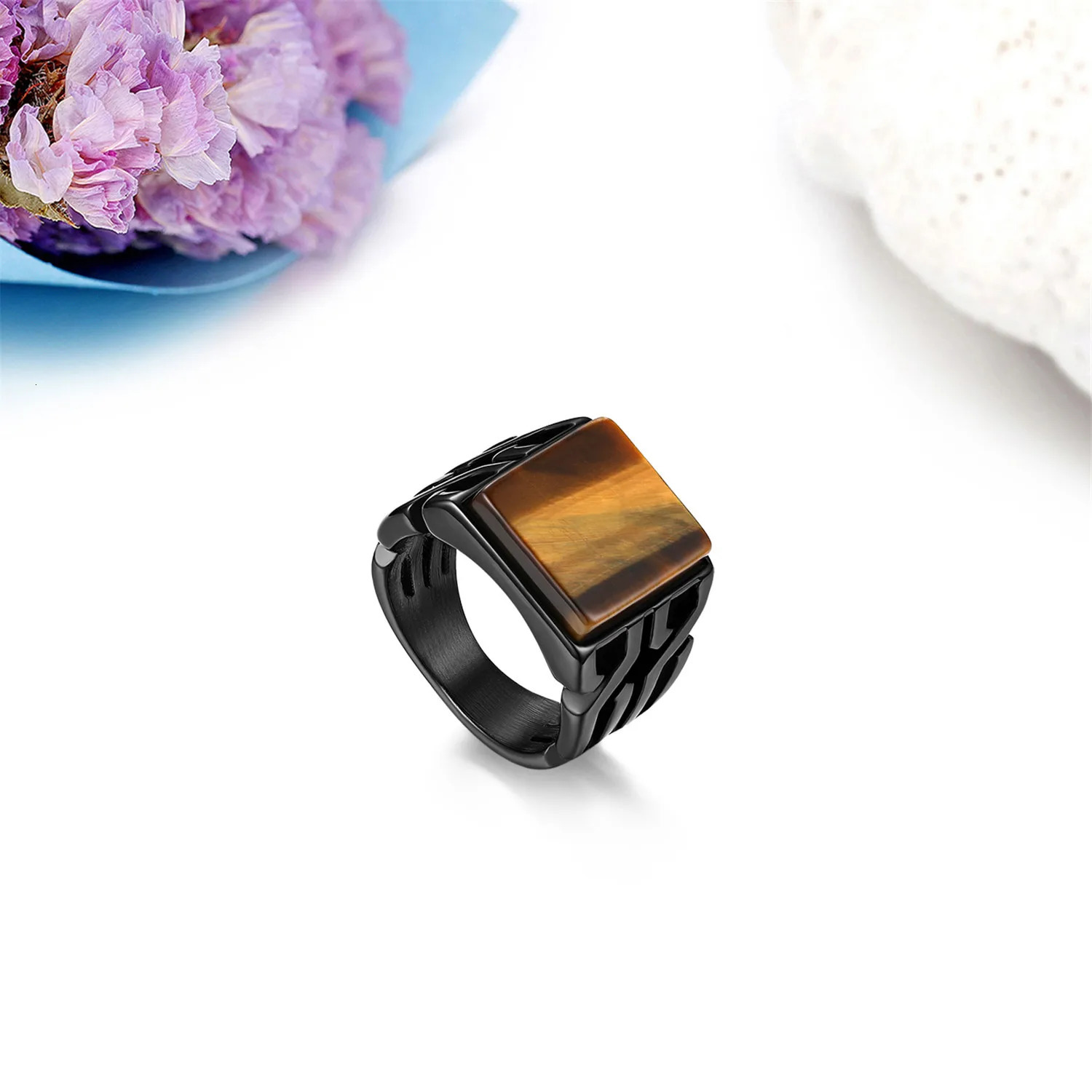 BONISKISS Vintage Mens Ring Tiger Eye Stone Punk Classic Black Color Ring Male Stainless Steel Ring Bijoux Aneis Jewelry Gift 250708