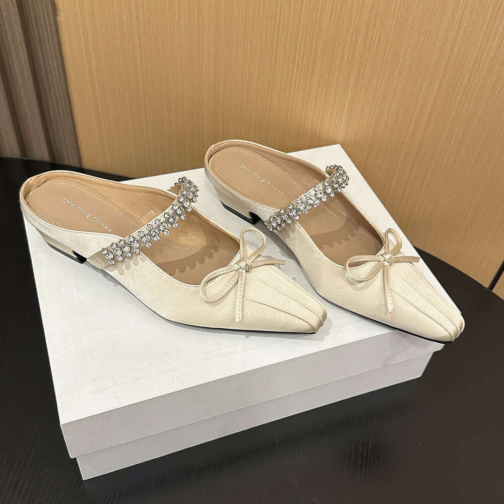 317-2 French Style Fabric Rhinestone Square Mid-Heel New Bowknot Pleated Closed Toe Backless Single Shoes for Women