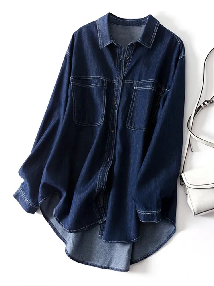 100 Cotton Women Denim Shirts Loose Vintage ned Female Jeans Long Sleeve Blue Casual Streeetwear Tops 250704